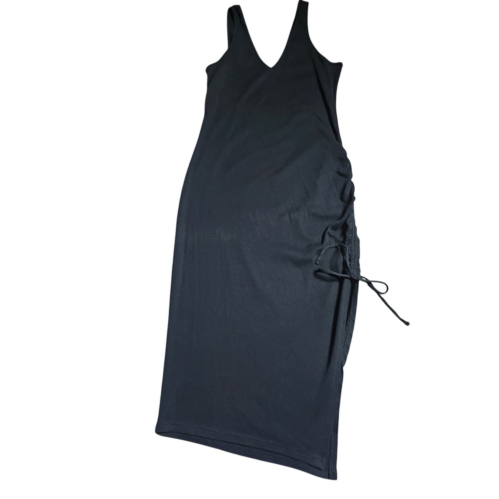A New Day Black Ribbed Knit V-Neck Midi Dress Side Ruched Drawstring Medium